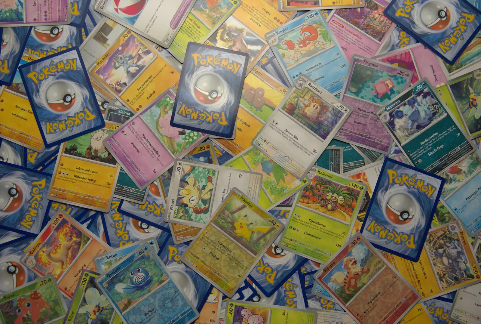 Een bak vol losse Pokémon-kaarten
